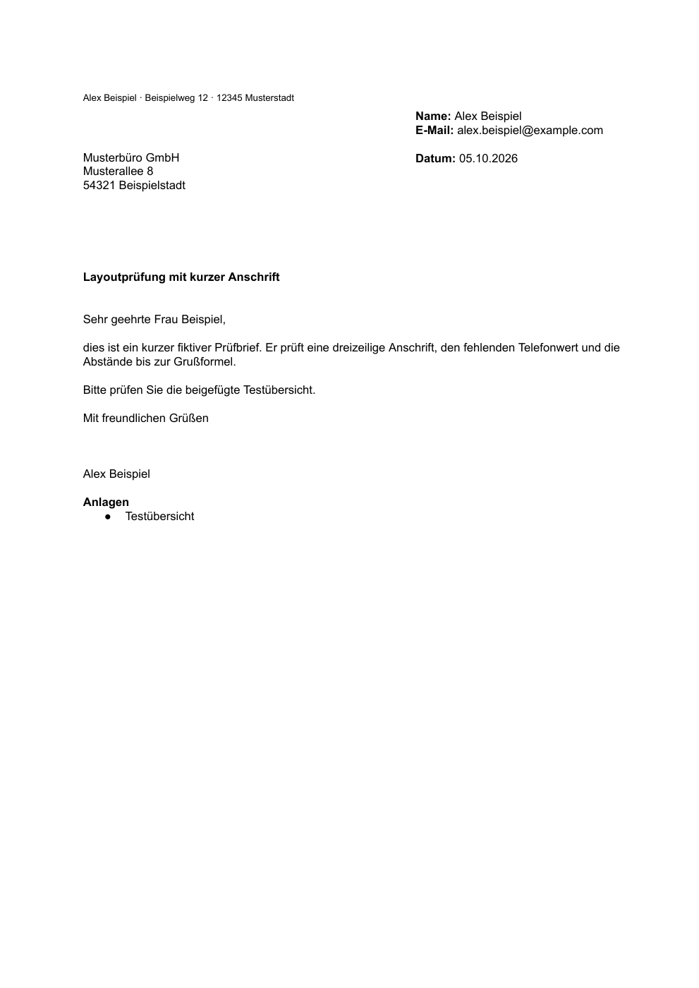 An actual one-page German test letter rendered from the Make a letter template, with sender and recipient blocks, a subject, greeting, body, signature space and attachments, without page numbering.